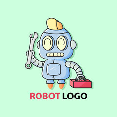 LITTLE CUTE MECHANIC ROBOT BRING A WRENCH AND RED TOOLKIT BOX. MASCOT LOGO FOR BUSINESS BRANDING AND ETC.
