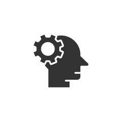 Human head with cogwheel icon in flat style. Technology progress vector illustration on white isolated background. Face and gear business concept.