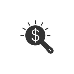 Magnifier glass with money icon in flat style. Dollar search vector illustration on white isolated background. Financial currency business concept.
