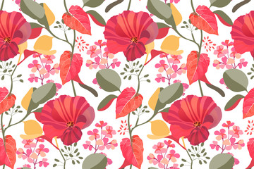 Art floral vector seamless pattern. Red, maroon garden mallow flowers, pink gillyflower, branches with colorful leaves isolated on white background. Tile pattern for wallpaper, fabric, textile, paper.