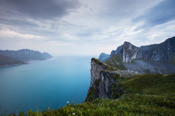 Dramatic cliff of mountains in Senja Island, Norway.