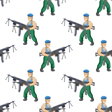 seamless pattern of a Russian paratrooper with two machine guns on a white background. Vector image