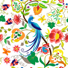 Fototapeta premium Peacock seamless pattern in vintage style, isolated on white background. Vector print with ethnic blue bird and flowers, leaf, grape branches. Folk fashionable stylish element for textile