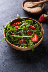 Healthy dish. Salad  quinoa with strawberry,  honey and chia seeds. Concept vegan and healthy eating. Top view. Diet dinner or lunch menu.