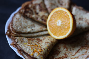 Maslenitsa. Carnival. A stack of Russian thin pancakes