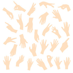 Set of vector silhouettes of men and women hands, various gestures, beige color, isolated on a white background