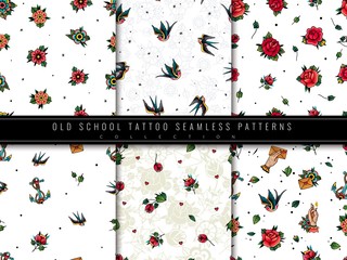 Old school traditional tattoo seamless pattern set