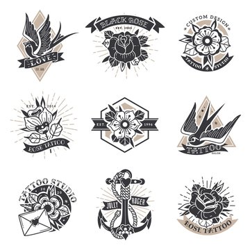 Old school traditional tattoo emblems set