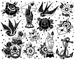 Old school traditional tattoo black white set