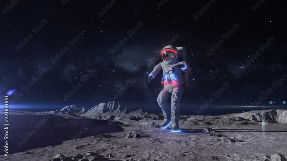 Poster funny dancing astronaut with neon light spacesuit on the moon. shuffling on the moon