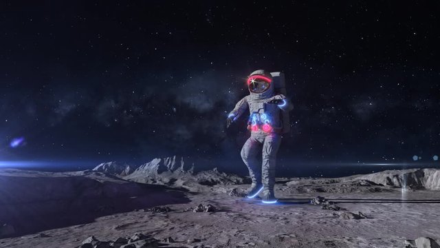 Funny Dancing Astronaut With Neon Light Spacesuit On The Moon. Shuffling On The Moon