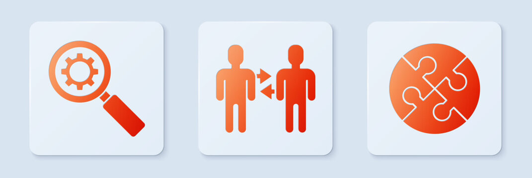 Set Project team base, Magnifying glass and gear and Piece of puzzle. White square button. Vector