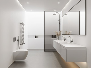 3d rendering of a white minimal contemporary bathroom with shower and skywindow - obrazy, fototapety, plakaty