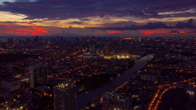 Aerial Philippines Time Lapse Manila Downtown Mandaluyong City Sunset September 2019 4K  Aerial time lapse video of downtown Manila in the Philippines in Mandaluyong City district during a be