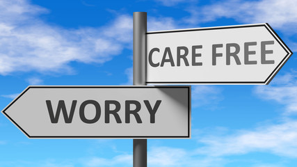 Fototapeta premium Worry and care free as a choice - pictured as words Worry, care free on road signs to show that when a person makes decision he can choose either Worry or care free as an option, 3d illustration