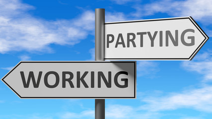 Obraz premium Working and partying as a choice - pictured as words Working, partying on road signs to show that when a person makes decision he can choose either Working or partying as an option, 3d illustration