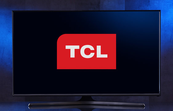 Flat-screen TV set displaying logo of TCL Corporation