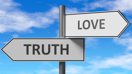 Fototapeta premium Truth and love as a choice - pictured as words Truth, love on road signs to show that when a person makes decision he can choose either Truth or love as an option, 3d illustration