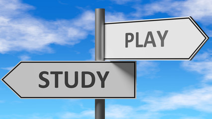 Study and play as a choice - pictured as words Study, play on road signs to show that when a person makes decision he can choose either Study or play as an option, 3d illustration