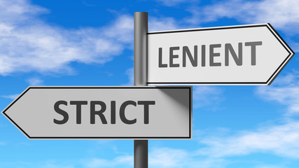 Obraz premium Strict and lenient as a choice - pictured as words Strict, lenient on road signs to show that when a person makes decision he can choose either Strict or lenient as an option, 3d illustration