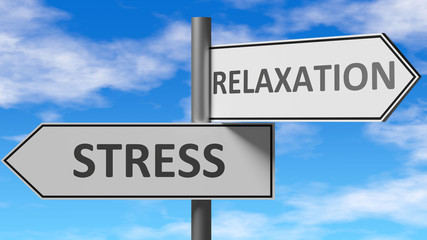 Stress and relaxation as a choice - pictured as words Stress, relaxation on road signs to show that when a person makes decision he can choose either Stress or relaxation as an option, 3d illustration