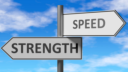 Obraz premium Strength and speed as a choice - pictured as words Strength, speed on road signs to show that when a person makes decision he can choose either Strength or speed as an option, 3d illustration