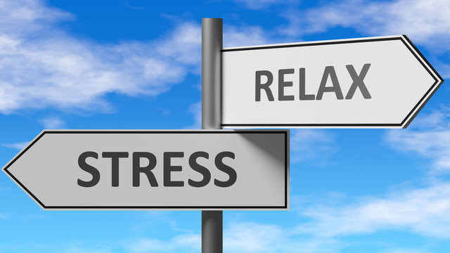 Stress and relax as a choice - pictured as words Stress, relax on road signs to show that when a person makes decision he can choose either Stress or relax as an option, 3d illustration