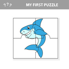 Cartoon Vector Illustration of Education Jigsaw Puzzle Game for Preschool Children with Funny Shark Fish Animal Character - My first puzzle