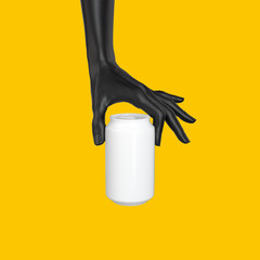Black abstract hand gesture holding white can isolated on yellow backgrounds, display beverage...