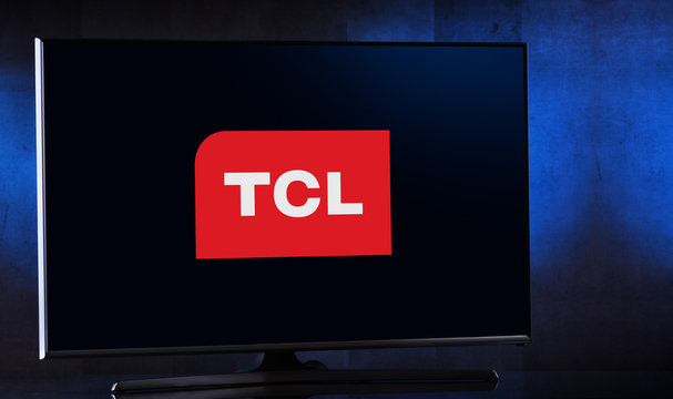 Flat-screen TV set displaying logo of TCL Corporation