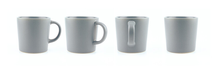 Grey Ceramic Mugs From Different sides, Blank cup Isolated on White Background. Food and Drink object Concept Design.