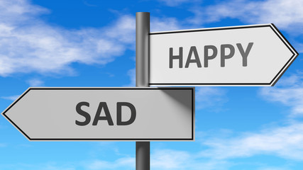 Sad and happy as a choice - pictured as words Sad, happy on road signs to show that when a person makes decision he can choose either Sad or happy as an option, 3d illustration