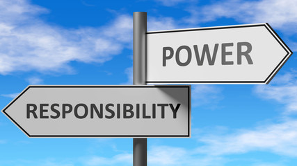 Obraz premium Responsibility and power as a choice, pictured as words Responsibility, power on road signs to show that when a person makes decision he can choose either option, 3d illustration