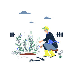 Spring or summer gardening concept. Gardening people.People doing garden job. Flat cartoon vector illustration on white background. 