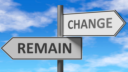 Obraz premium Remain and change as a choice - pictured as words Remain, change on road signs to show that when a person makes decision he can choose either Remain or change as an option, 3d illustration