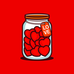 Vector Illustration of Postcard Valentine's Day. Image of a Red Hearts In a Glass Jar With Label 