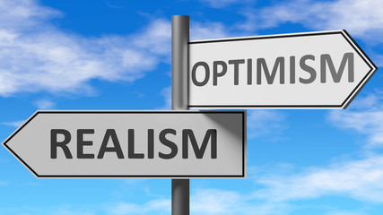 Realism and optimism as a choice - pictured as words Realism, optimism on road signs to show that when a person makes decision he can choose either Realism or optimism as an option, 3d illustration