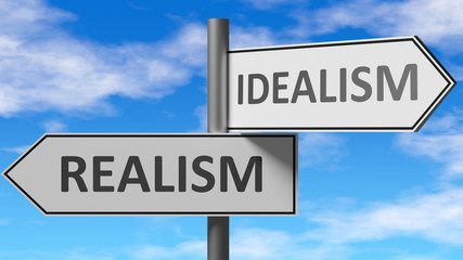 Realism and idealism as a choice - pictured as words Realism, idealism on road signs to show that when a person makes decision he can choose either Realism or idealism as an option, 3d illustration