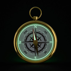 Vintage compass isolated on black background. 3D