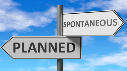 Planned and spontaneous as a choice, pictured as words Planned, spontaneous on road signs to show that when a person makes decision he can choose either option, 3d illustration