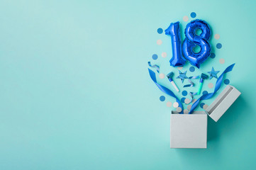 Number 18 birthday balloon celebration gift box lay flat explosion