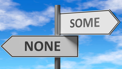 None and some as a choice - pictured as words None, some on road signs to show that when a person makes decision he can choose either None or some as an option, 3d illustration