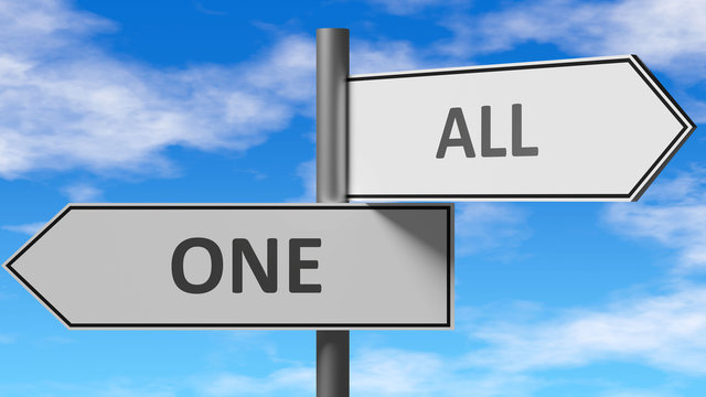 One and all as a choice - pictured as words One, all on road signs to show that when a person makes decision he can choose either One or all as an option, 3d illustration