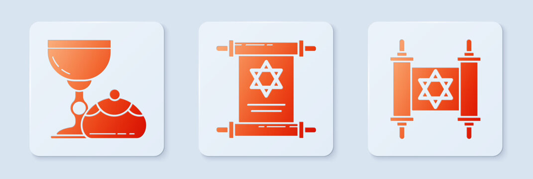 Set Torah scroll, Jewish goblet and hanukkah sufganiyot and Torah scroll. White square button. Vector