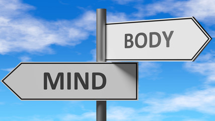 Mind and body as a choice - pictured as words Mind, body on road signs to show that when a person makes decision he can choose either Mind or body as an option, 3d illustration