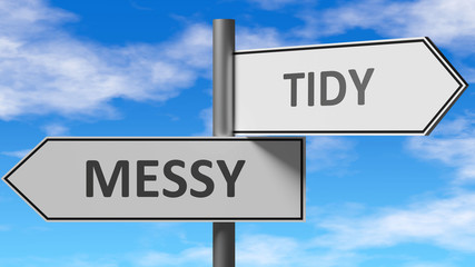 Messy and tidy as a choice - pictured as words Messy, tidy on road signs to show that when a person makes decision he can choose either Messy or tidy as an option, 3d illustration