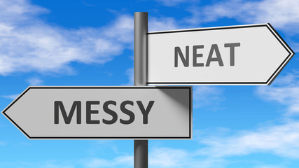 Messy and neat as a choice - pictured as words Messy, neat on road signs to show that when a person makes decision he can choose either Messy or neat as an option, 3d illustration