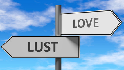 Lust and love as a choice - pictured as words Lust, love on road signs to show that when a person makes decision he can choose either Lust or love as an option, 3d illustration