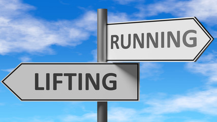 Obraz premium Lifting and running as a choice - pictured as words Lifting, running on road signs to show that when a person makes decision he can choose either Lifting or running as an option, 3d illustration