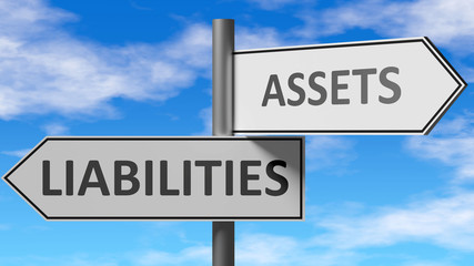 Liabilities and assets as a choice, pictured as words Liabilities, assets on road signs to show that when a person makes decision he can choose either option, 3d illustration